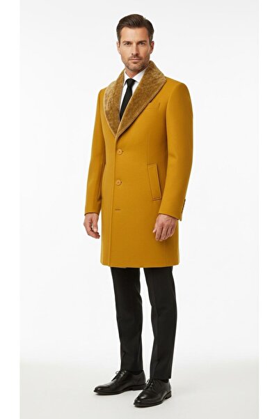 Plus Scorpion Men's Long Cashmere Coat – Detachable Fur Collar, Lined and with Pockets Slim Fit Coat