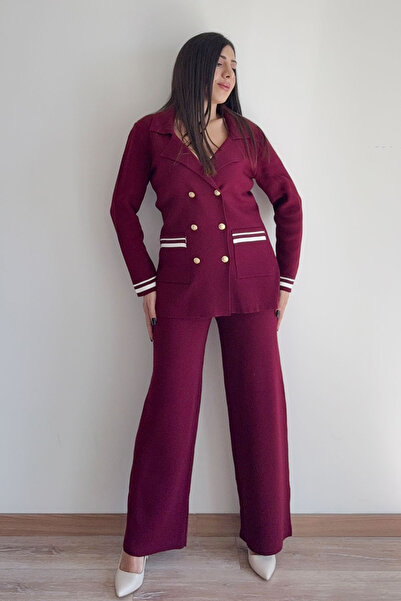 CİDDE Women's Double-Breasted Collar Pocketed Knitwear Bottom-Top Set