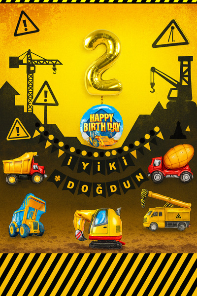 İthal İnşaat Temalı 2 YAŞ Doğum Günü Parti Seti, BÜYÜK BOY 8 ADET Doğum Günü ...