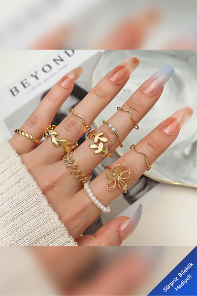 Si moda Gold Renk 10’lu Modern Tasarım İnci & Yaprak Detaylı Eklem Yüzük Seti