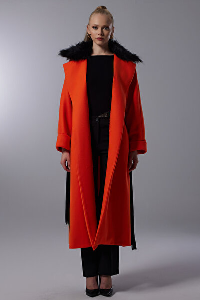 Lila Rose Kürk Yakalı Deri Kuşaklı Kaşe Kaban