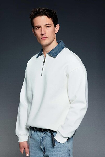 ablukaonline Men's Denim Polo Neck Half Zipper Oversized Sweatshirt White