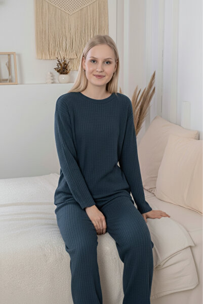 Farya Home Thick Winter Interlock Stripe Long Sleeve Knitted Pajamas Set