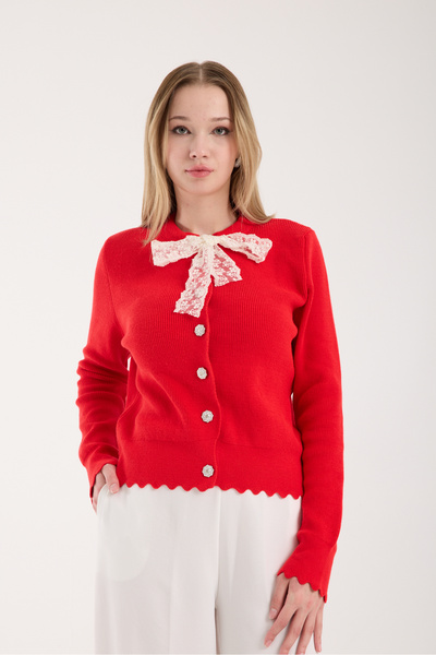 İLKCET MODA Red Christmas Stretchy Knit Cardigan with Ribbon Detail