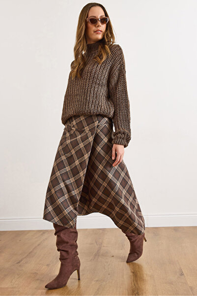 Olalook Women's Brown Plaid Wool Effect Midi Wrap Skirt Etk-19000369