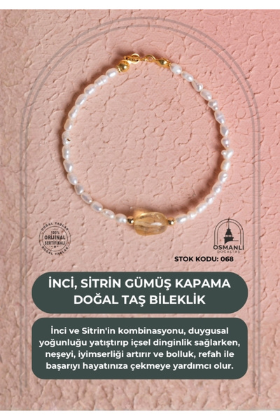 OSMANLI DOĞAL TAŞ Certified Pearl, Citrine Silver Clasp Natural Gemstone Bracelet (Sk:068)