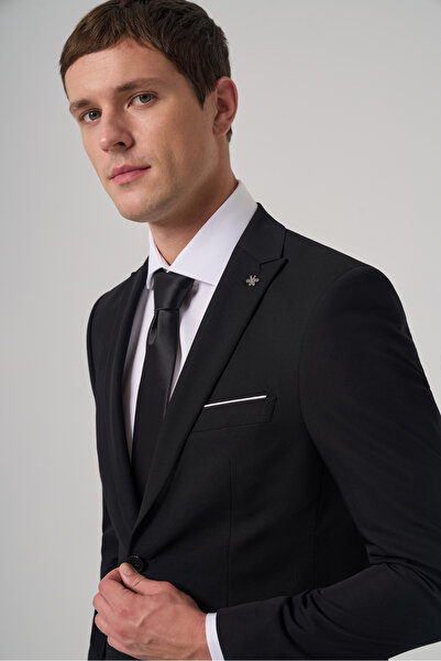 Morven Men's Black Woolen Trend Straight Slim Fit Pointed Collar Suit