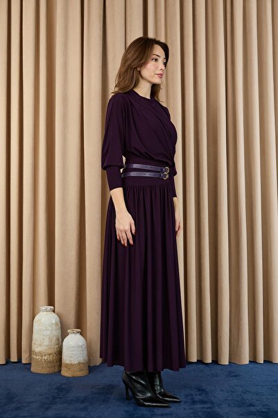Puane Women's Drape Collar Belted Long Dress -12659Elb - Damson
