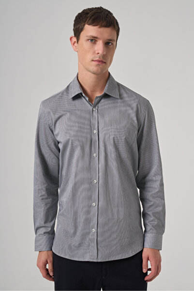 Morven Men's Black Cotton Trend Striped Regular Fit Hard Collar Shirt