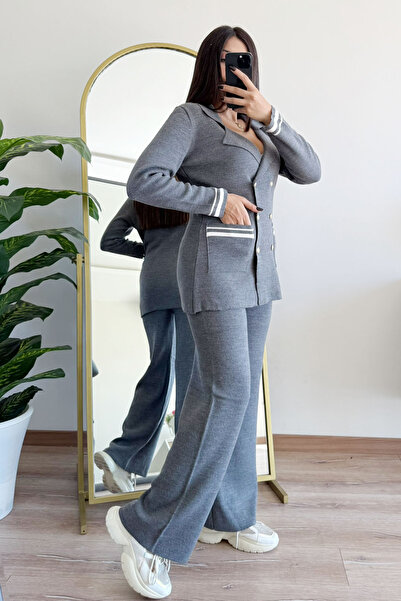 CİDDE Women's Double-Breasted Collar Pocketed Knitwear Bottom-Top Set