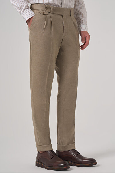 Morven Men's Beige Polyviscon Trend Patterned Slim Fit Double Pleated Trousers