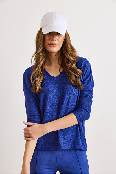 Olalook Women's Cobalt Blue V-Neck Basic Winter Soft Blouse Blz-19003179