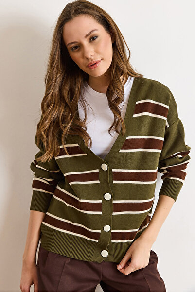 Olalook Women's Khaki Brown Striped Oversized Knitwear Cardigan Hrk-19000446