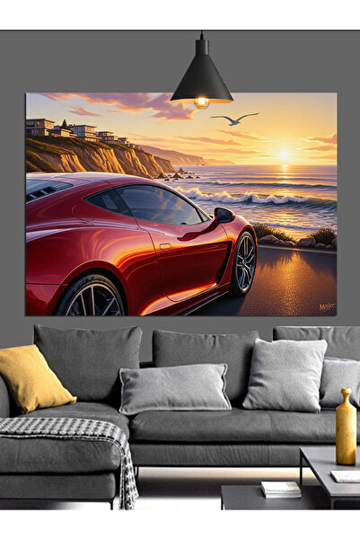 Artmeg Pânză decorativă cu mașină sport roșie la apus de soare - Tablou din l...