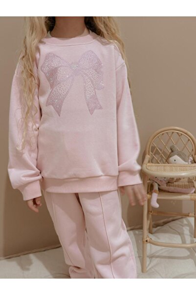 Patriko Girl's Dusty Pink Color Inner Fleece Big Stone Bow Winter New Season Stylish Bottom-Up Top Set