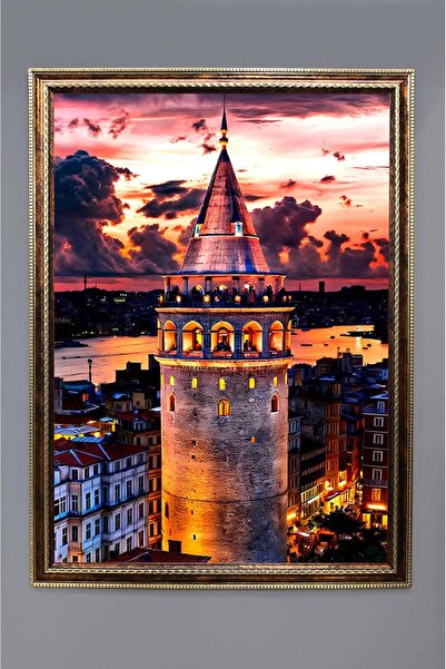 Dolce Mariee Galata Kulesi Desenli Dijital Baskılı Kadife Kumaş Çerçeveli Tab...