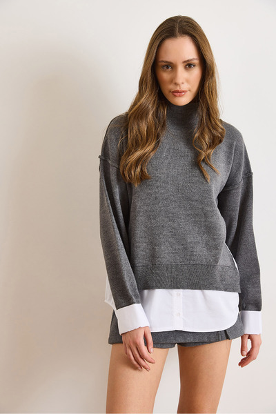 Olalook Women's Smoked Shirt Detailed Mock Neck Knitwear Sweater Kzk-19001086