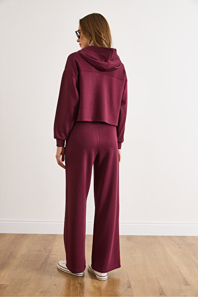 Olalook Women's Burgundy Eyelet Detailed Top with Pocket Bottom Tracksuit Set Etkm-0000090