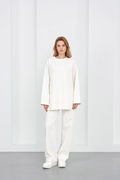 Basicpark Ecru Women's Embroidery Detailed Oversized Pique Textured Wide Leg Top and Bottom Set