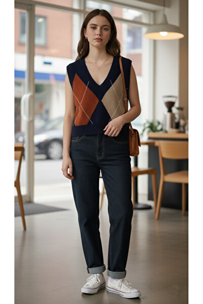 Sea Style Baklava Desenli V Yaka Triko Süveter