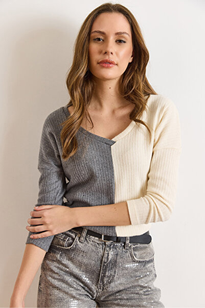 Olalook Women's Smoked Ecru Blocky Fleece-Lined Casual Blouse Blz-19002519