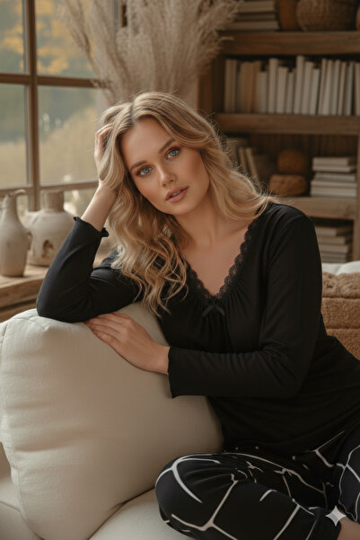 Miss Meryem Siyah Ring Viskon Dantel Detaylı Uzun Kol Pijama Takım