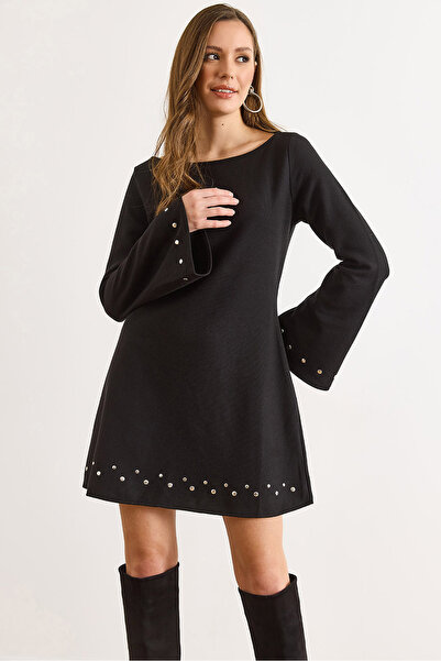 Olalook Women's Black Staple Detailed Wide Neck Bell Cut Winter Thessaloniki Dress Elb-19002570