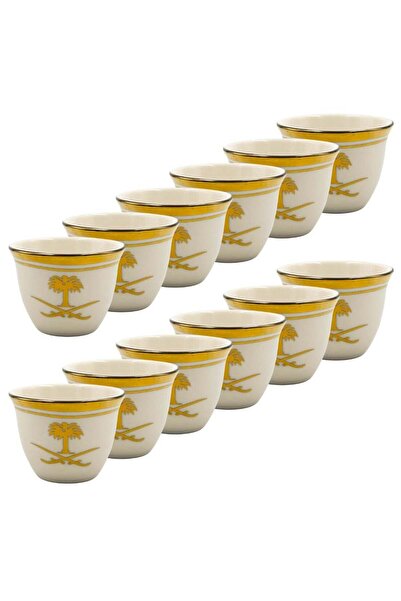 SUPPLIER Set of 12 Porcelain Tea Cups with Golden Palm Tree & Swords Design