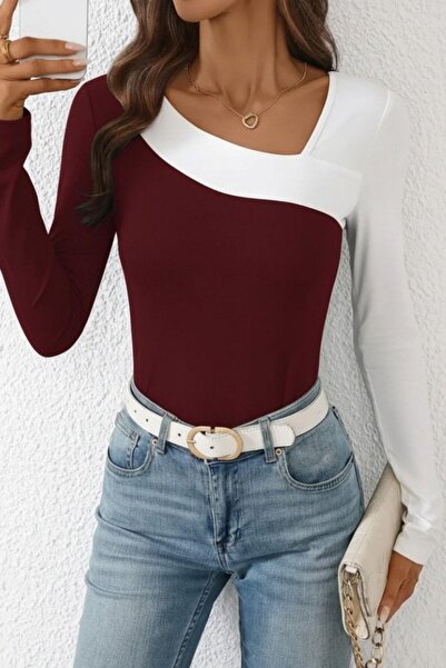 Mossta Geometric Collar Double Color Viscose Blouse - Burgundy