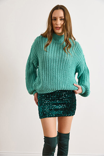 Olalook Women's Emerald Green Elastic Waist Mini Skirt with Sequins ETK-19000372