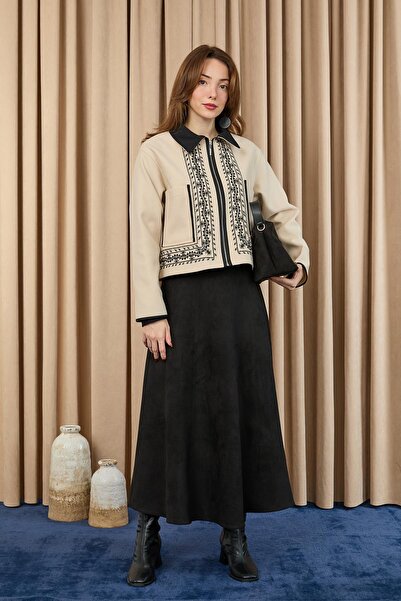 Loreen Γυναικείο Κοντό Παλτό με Κέντημα - 20719CKT - ΜΠΕΙΓΚΕ-ΜΑΥΡΟ