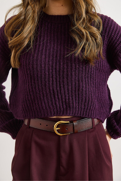 Olalook Women's Purple Crew Neck Crop Soft Textured Knit Sweater Kzk-19001084