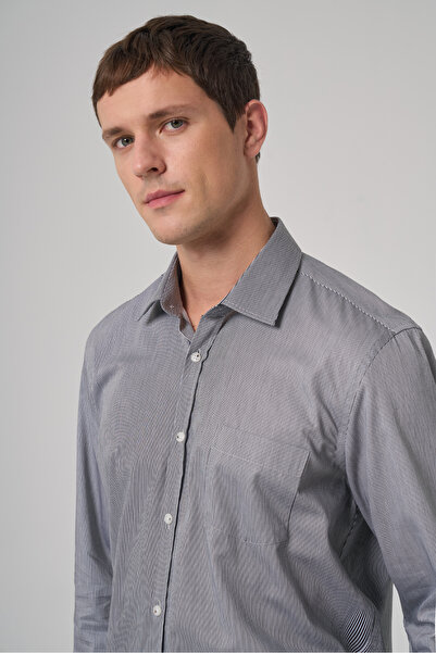 Morven Men's Black Cotton Trend Striped Regular Fit Hard Collar Shirt