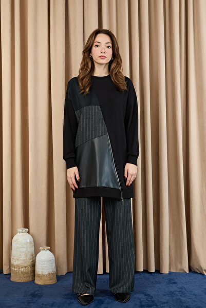 Puane Women's Leather Paneled Striped Double Suit -14404Tks - Black-Anthracite