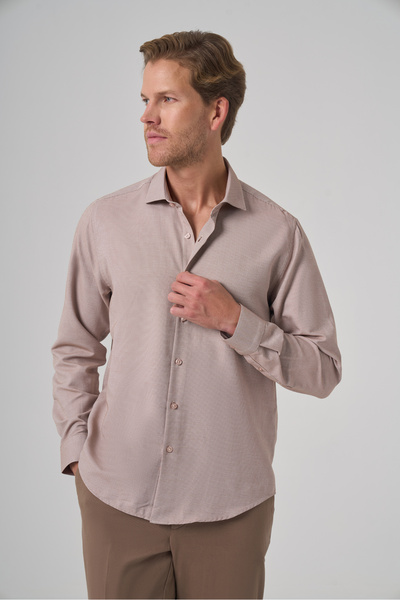 Morven Men's Beige Polyester Trend Patterned Dynamic Fit Italian Collar Shirt