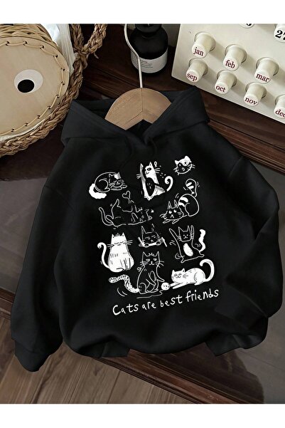 ZEMLİYA Hanorac alb minimalist cu glugă, imprimat cu pisici și litere – Croia...