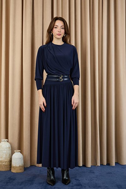 Puane Women's Drape Collar Belted Long Dress -12659Elb - Navy
