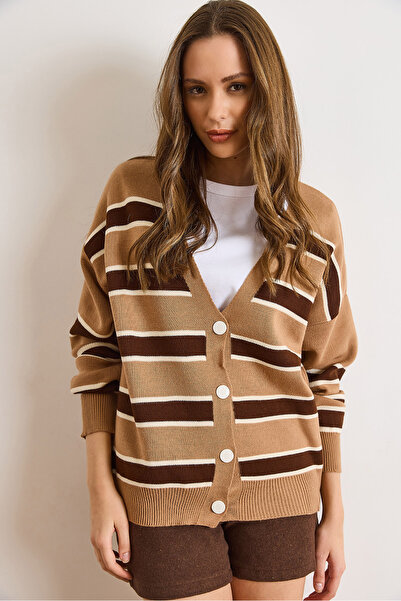 Olalook Women's Beige Brown Striped Oversized Knitwear Cardigan Hrk-19000446