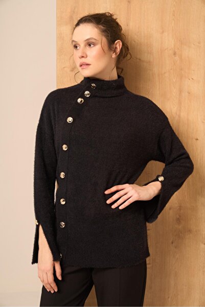 FTZ WOMEN Women's Button Detail Sweater Black 25064