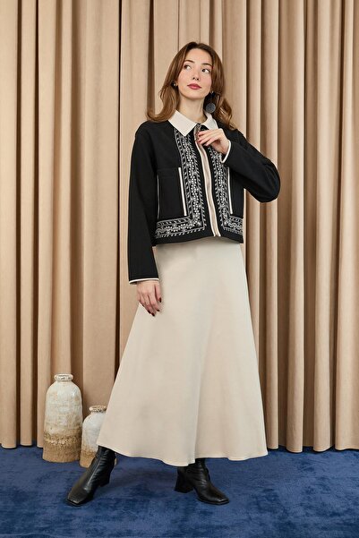 Loreen Γυναικείο Κοντό Παλτό με Κέντημα - 20719CKT - ΜΑΥΡΟ-ΜΠΕΙΓ