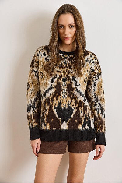 Olalook Women's Brown Fleece-Lined Patterned Oversized Thick Knitwear Sweater Kzk-19001081