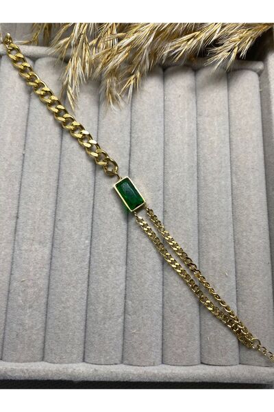 Kaan Accessoire سوار من حجر الباغيت الأخضر الزمردي ذو السلسلة السميكة والرفيعة