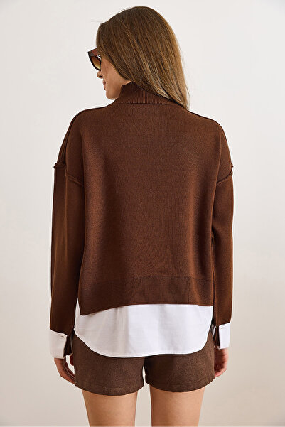 Olalook Women's Brown Shirt Detailed Mock Neck Knitwear Sweater Kzk-19001086