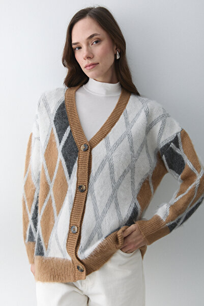 Laluvia Camel Bone Baklava Patterned Cardigan - 251090
