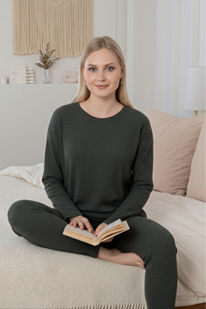 Farya Home Thick Winter Interlock Stripe Long Sleeve Knitted Pajamas Set