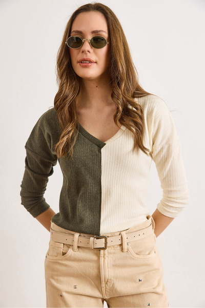 Olalook Women's Khaki Ecru Blocky Fleece-Lined Casual Blouse Blz-19002519