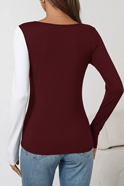 Mossta Geometric Collar Double Color Viscose Blouse - Burgundy