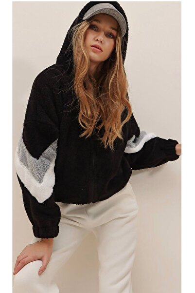 moda paketi Soft Textured Zippered Hooded Plush Sweat