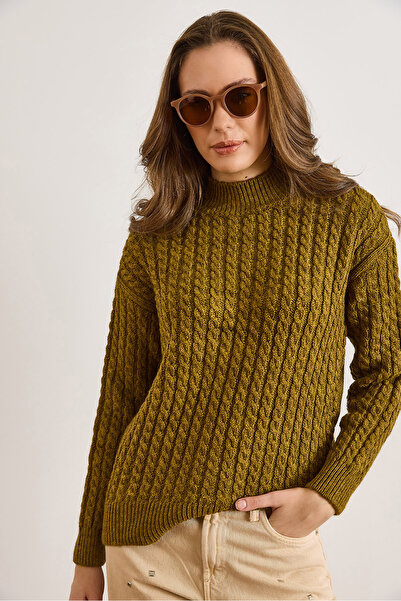 Olalook Women's Oil Green Mock Neck Hair Braided Oversized Knitwear Sweater Kzk-19001082