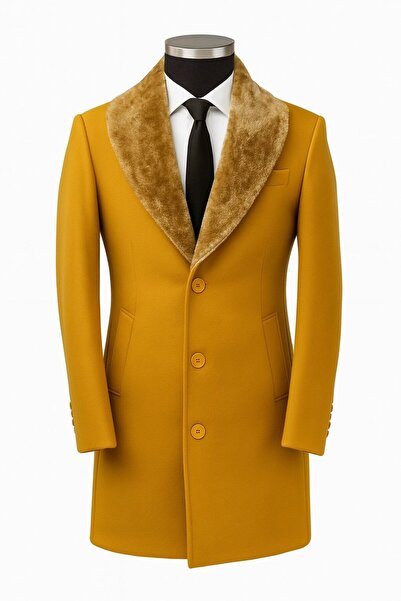 Plus Scorpion Men's Long Cashmere Coat – Detachable Fur Collar, Lined and with Pockets Slim Fit Coat